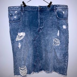 Midi Denim Skirt with Ripped Hole Detail